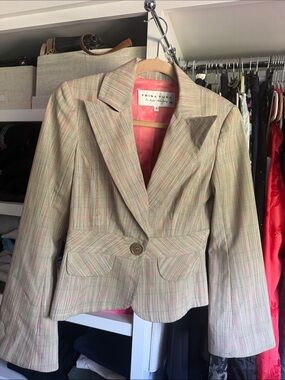 Trina Turk Tan Plaid y2k Blazer with Pink Lining and Accents